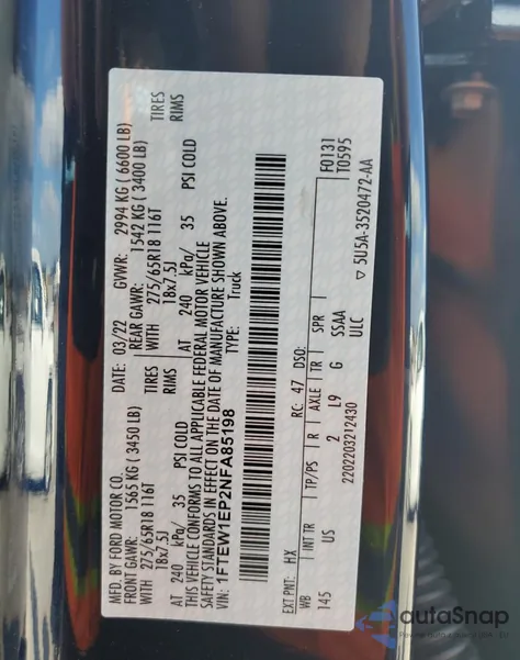 2022 Ford F150 Supercrew z USA, uszkodzony, nr VIN 1FTEW1EP2NFA85198